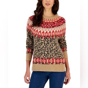 Charter Club Red/Tan Leopard Print Fair Isle Crew Neck Pullover Sweater